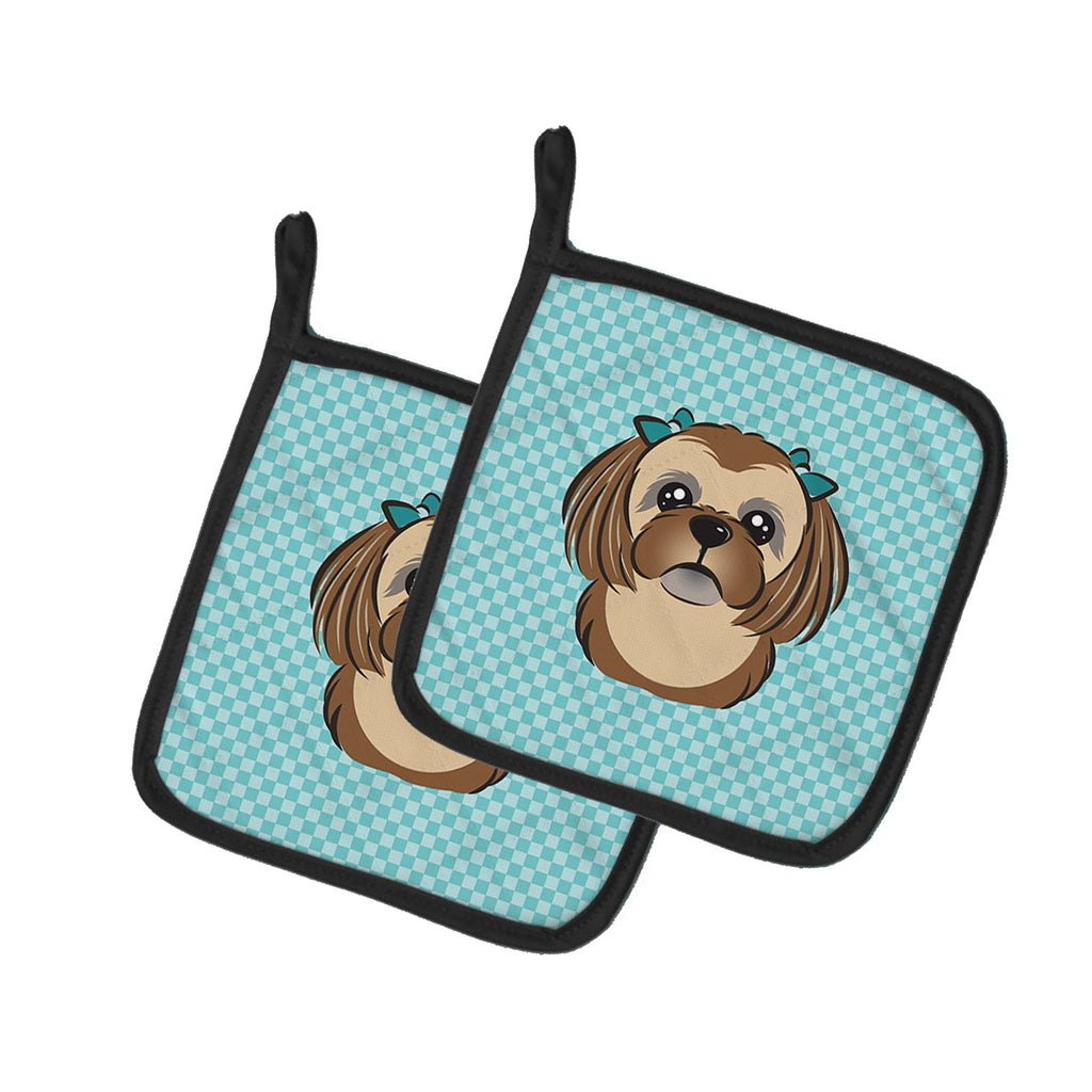 Checkerboard Blue Chocolate Brown Shih Tzu Pot Holder Set of 2 Heat Resistant Quilted Hot Pads 7.5 x 7.5 Inch, Insulated Kitchen Trivets for Cooking & Baking