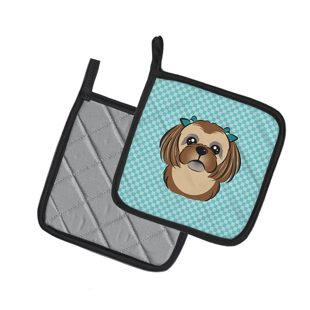 Checkerboard Blue Chocolate Brown Shih Tzu Pot Holder Set of 2 Heat Resistant Quilted Hot Pads 7.5 x 7.5 Inch, Insulated Kitchen Trivets for Cooking & Baking