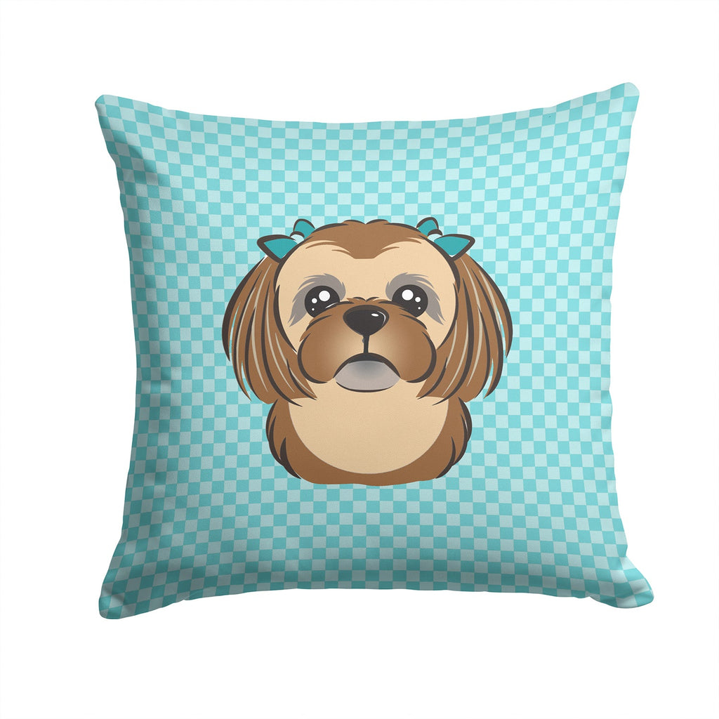 Checkerboard Blue Chocolate Brown Shih Tzu Decorative Throw Pillow 14x14 Indoor Outdoor Accent Cushion, Fabric Cover with Insert for Sofa, Bed, Porch & Living Room