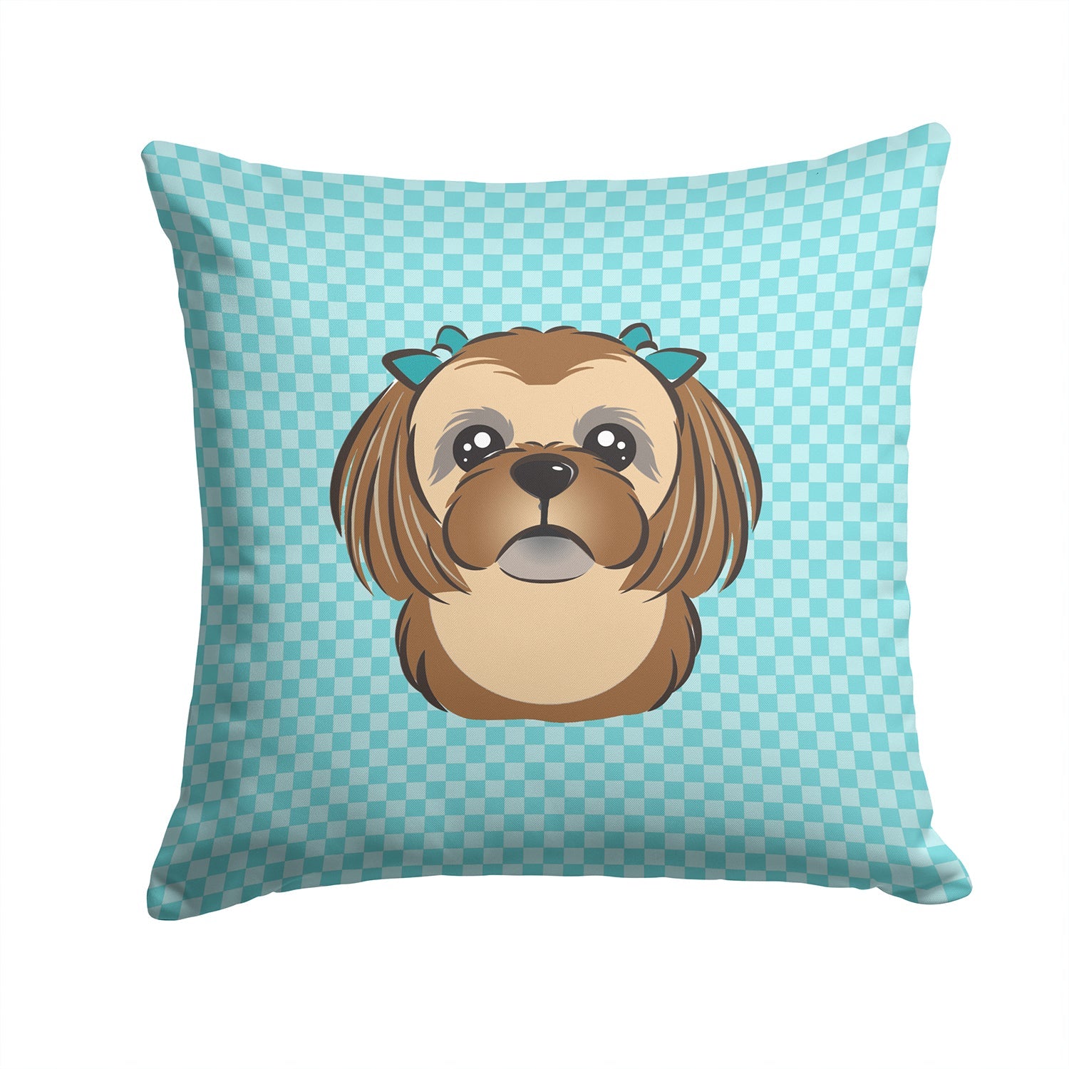 Checkerboard Blue Chocolate Brown Shih Tzu Decorative Throw Pillow 14x14 Indoor Outdoor Accent Cushion, Fabric Cover with Insert for Sofa, Bed, Porch & Living Room