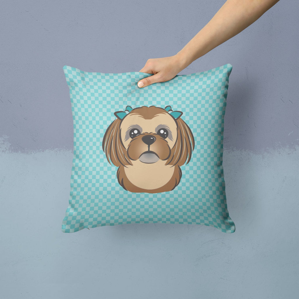 Checkerboard Blue Chocolate Brown Shih Tzu Decorative Throw Pillow 14x14 Indoor Outdoor Accent Cushion, Fabric Cover with Insert for Sofa, Bed, Porch & Living Room