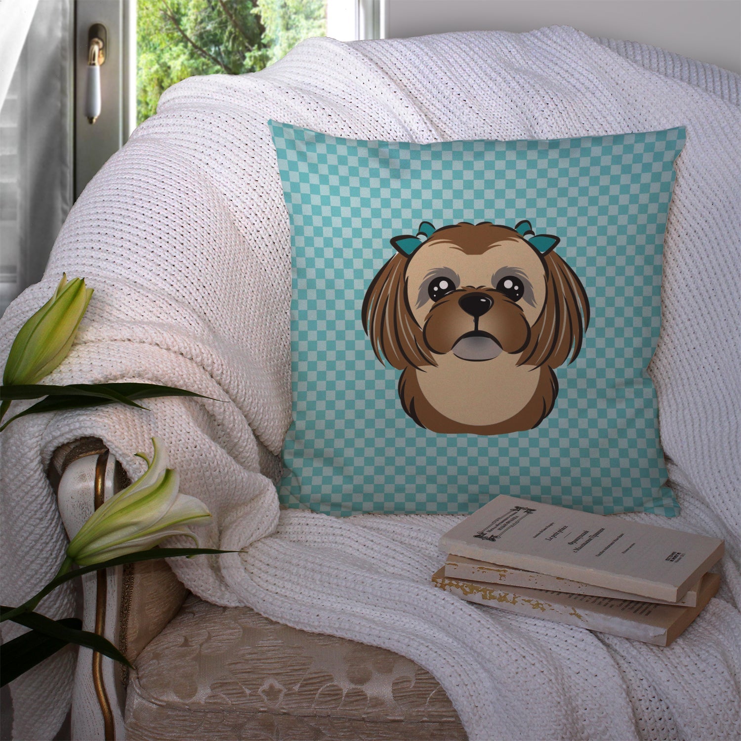Checkerboard Blue Chocolate Brown Shih Tzu Decorative Throw Pillow 14x14 Indoor Outdoor Accent Cushion, Fabric Cover with Insert for Sofa, Bed, Porch & Living Room
