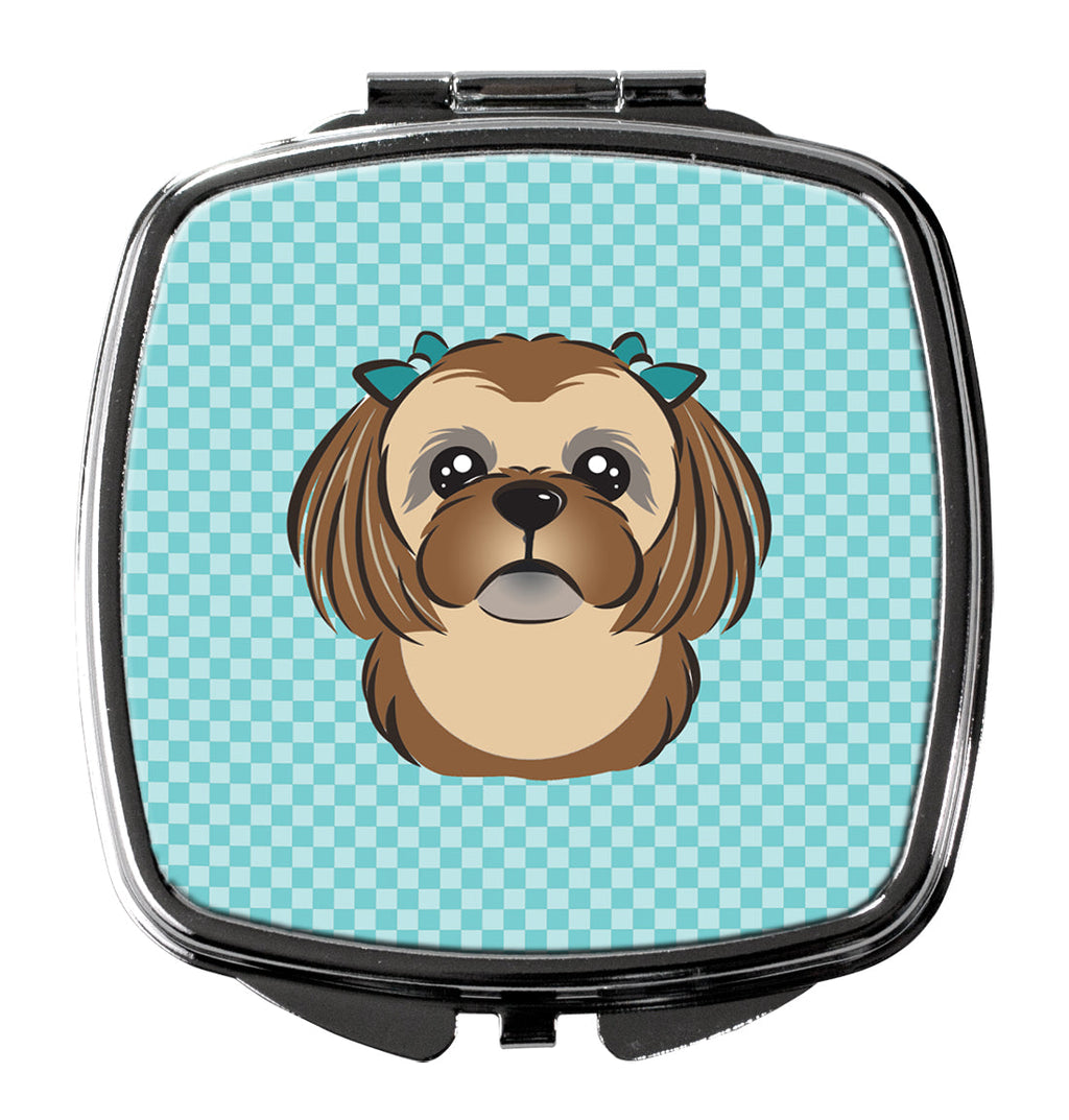 Checkerboard Blue Chocolate Brown Shih Tzu Compact Mirror Decorative Travel Makeup Mirror for Women Girls Gifts Pocket Makeup Mirror Folding Handheld