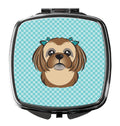 Checkerboard Blue Chocolate Brown Shih Tzu Compact Mirror Decorative Travel Makeup Mirror for Women Girls Gifts Pocket Makeup Mirror Folding Handheld