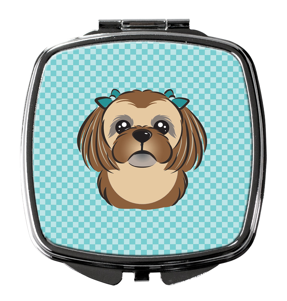 Checkerboard Blue Chocolate Brown Shih Tzu Compact Mirror Decorative Travel Makeup Mirror for Women Girls Gifts Pocket Makeup Mirror Folding Handheld