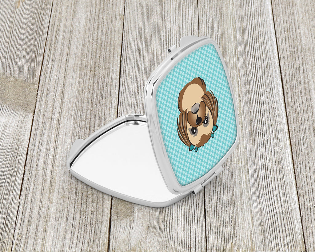 Checkerboard Blue Chocolate Brown Shih Tzu Compact Mirror Decorative Travel Makeup Mirror for Women Girls Gifts Pocket Makeup Mirror Folding Handheld
