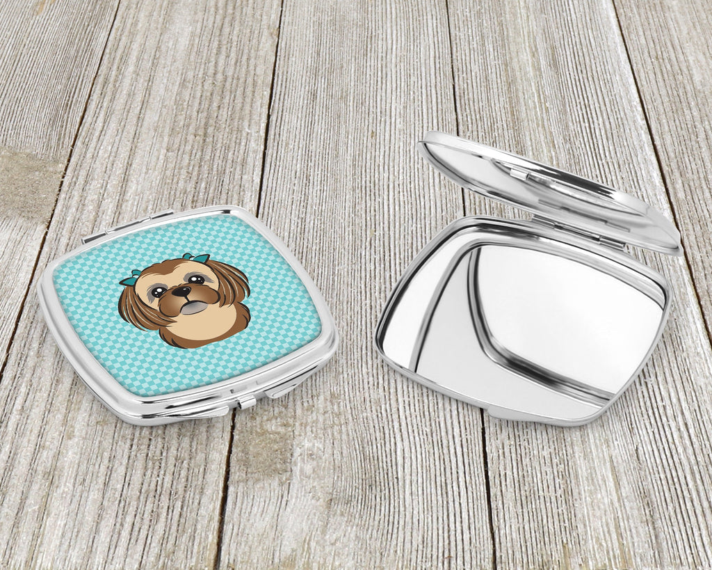 Checkerboard Blue Chocolate Brown Shih Tzu Compact Mirror Decorative Travel Makeup Mirror for Women Girls Gifts Pocket Makeup Mirror Folding Handheld