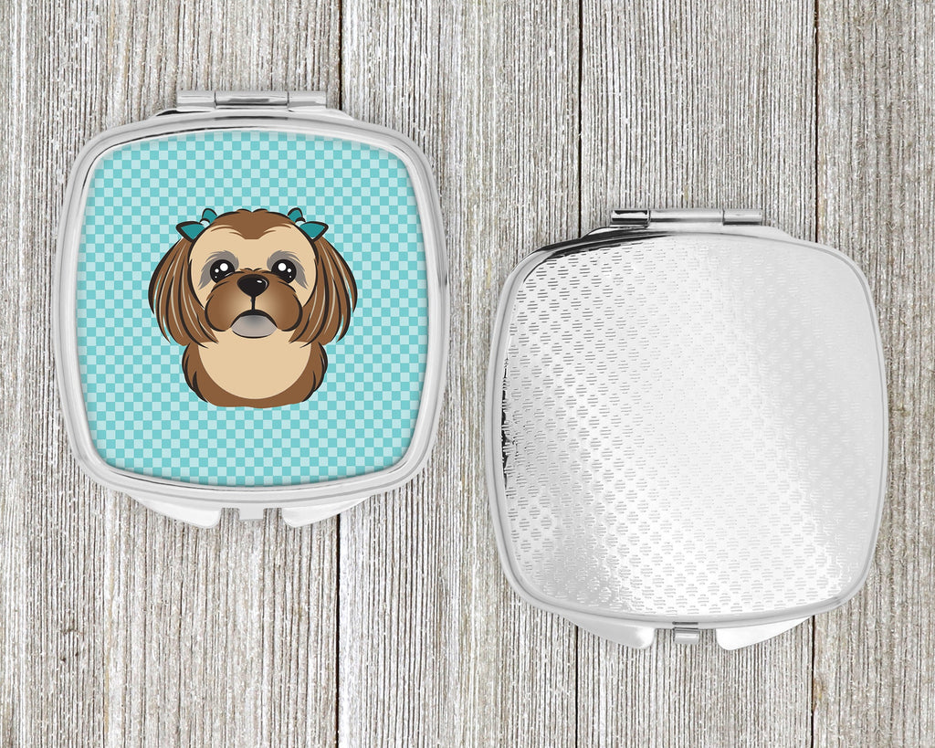 Checkerboard Blue Chocolate Brown Shih Tzu Compact Mirror Decorative Travel Makeup Mirror for Women Girls Gifts Pocket Makeup Mirror Folding Handheld
