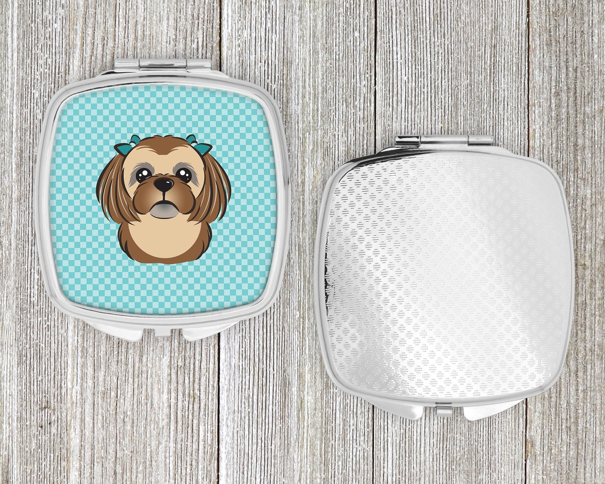 Checkerboard Blue Chocolate Brown Shih Tzu Compact Mirror Decorative Travel Makeup Mirror for Women Girls Gifts Pocket Makeup Mirror Folding Handheld
