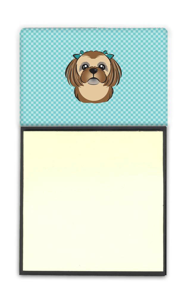 Checkerboard Blue Chocolate Brown Shih Tzu Watercolor Sticky Note Holder Refillable Dispenser Desk Accessory 3x3 Pad Gift
