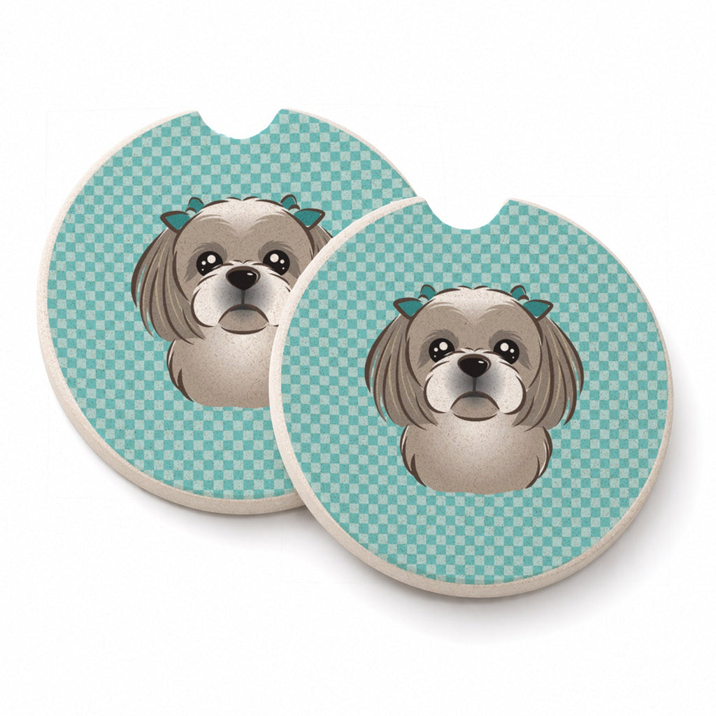 Checkerboard Blue Gray Silver Shih Tzu Set of 2 Cup Holder Car Coasters Absorbent Round Sandstone Coasters Gifts for Men or Women, 2.5, Multicolor