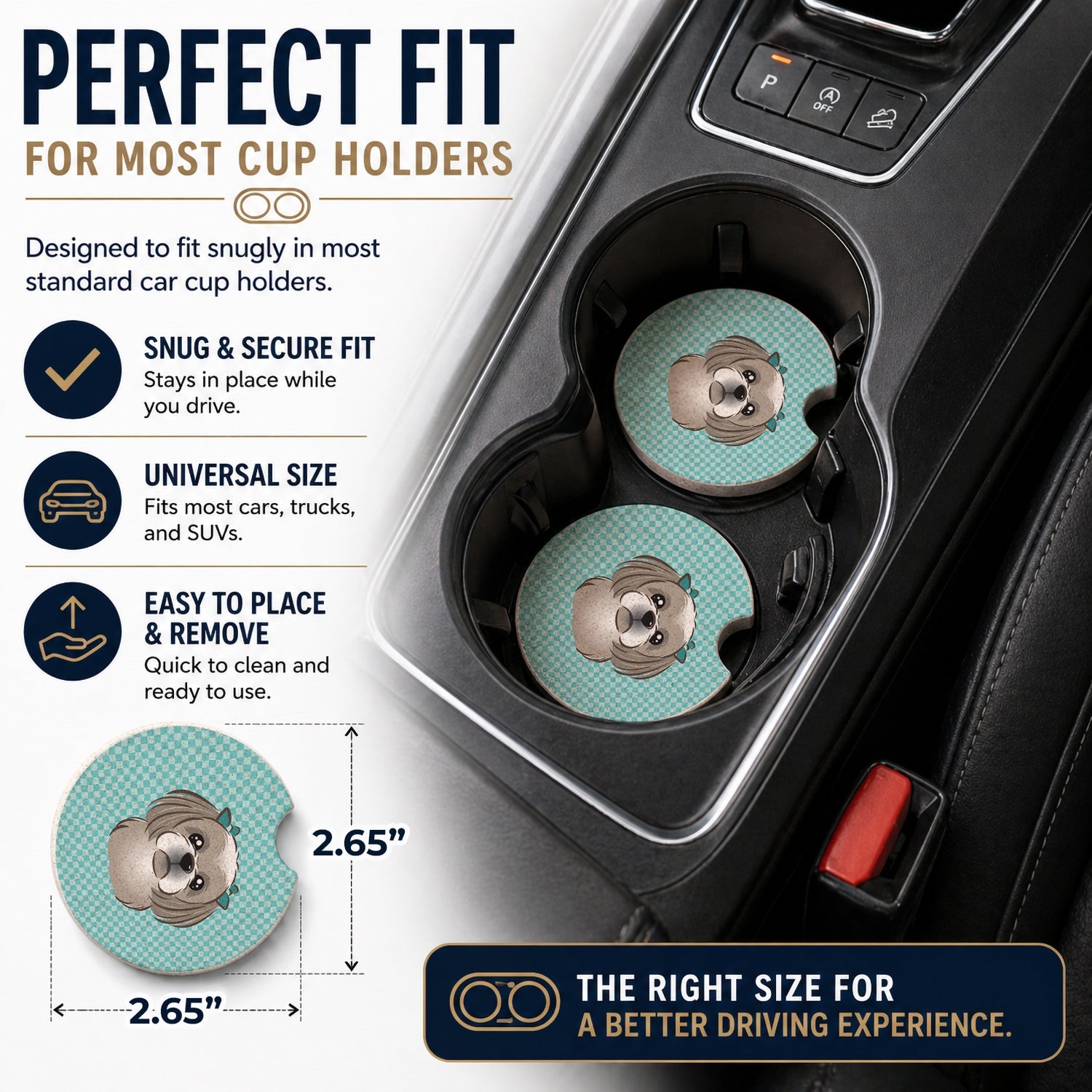Checkerboard Blue Gray Silver Shih Tzu Set of 2 Cup Holder Car Coasters Absorbent Round Sandstone Coasters Gifts for Men or Women, 2.5, Multicolor