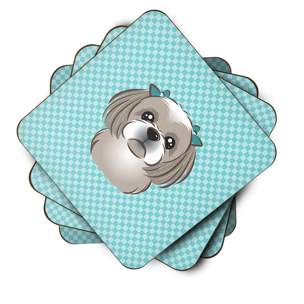 Checkerboard Blue Gray Silver Shih Tzu Foam Coasters Set of 4 Cup Coasters for Indoor Outdoor, Tabletop Protection, Anti Slip, Mouse pad Material