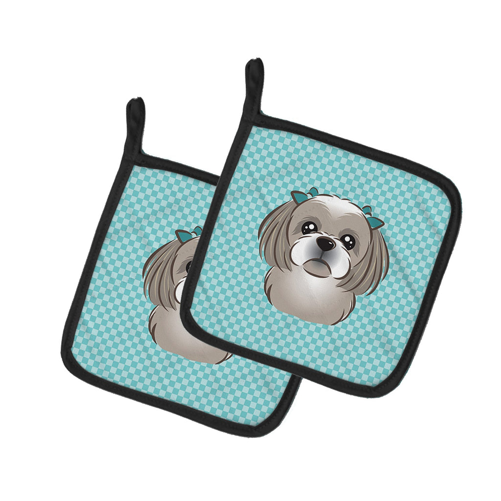 Checkerboard Blue Gray Silver Shih Tzu Pot Holder Set of 2 Heat Resistant Quilted Hot Pads 7.5 x 7.5 Inch, Insulated Kitchen Trivets for Cooking & Baking