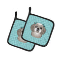 Checkerboard Blue Gray Silver Shih Tzu Pot Holder Set of 2 Heat Resistant Quilted Hot Pads 7.5 x 7.5 Inch, Insulated Kitchen Trivets for Cooking & Baking