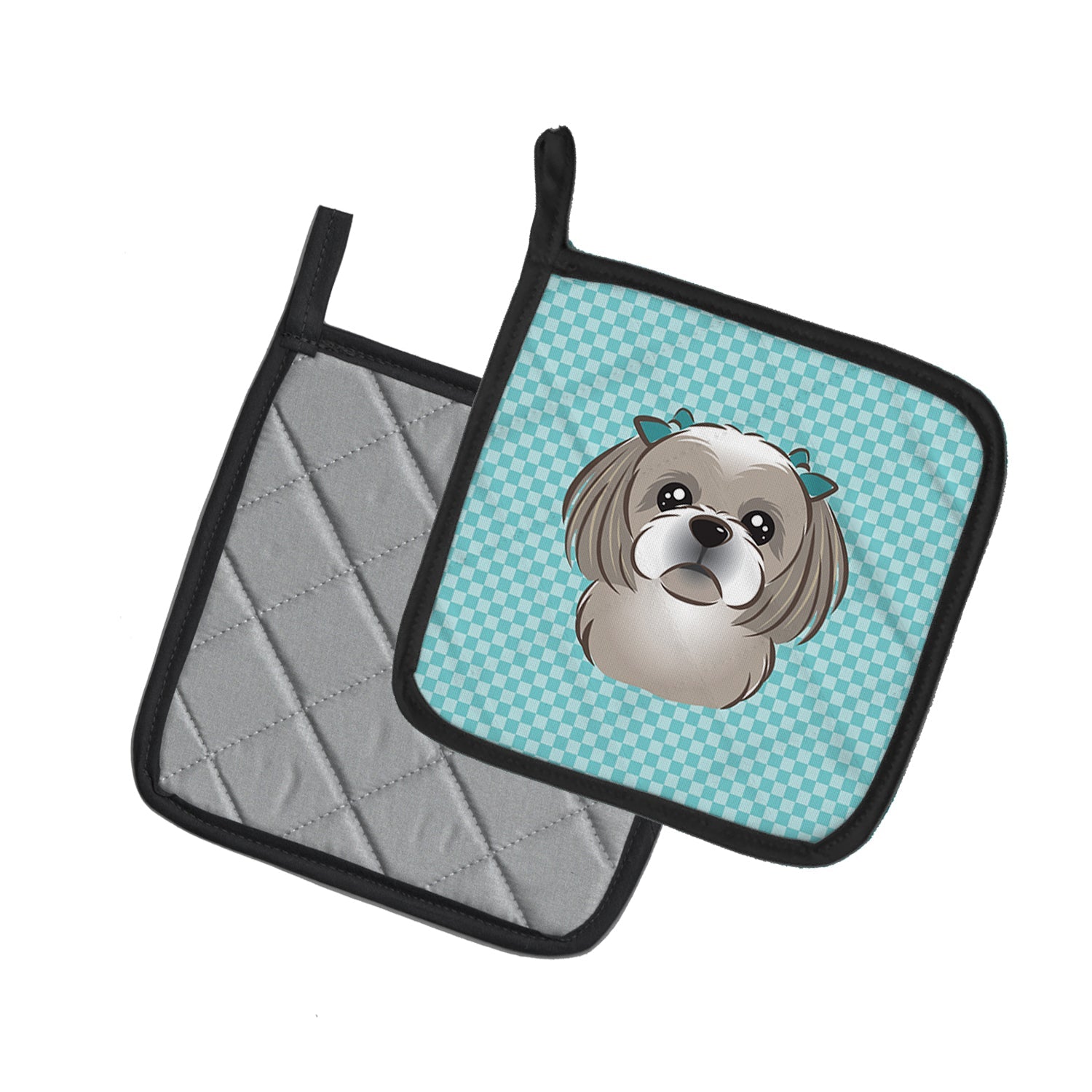Checkerboard Blue Gray Silver Shih Tzu Pot Holder Set of 2 Heat Resistant Quilted Hot Pads 7.5 x 7.5 Inch, Insulated Kitchen Trivets for Cooking & Baking