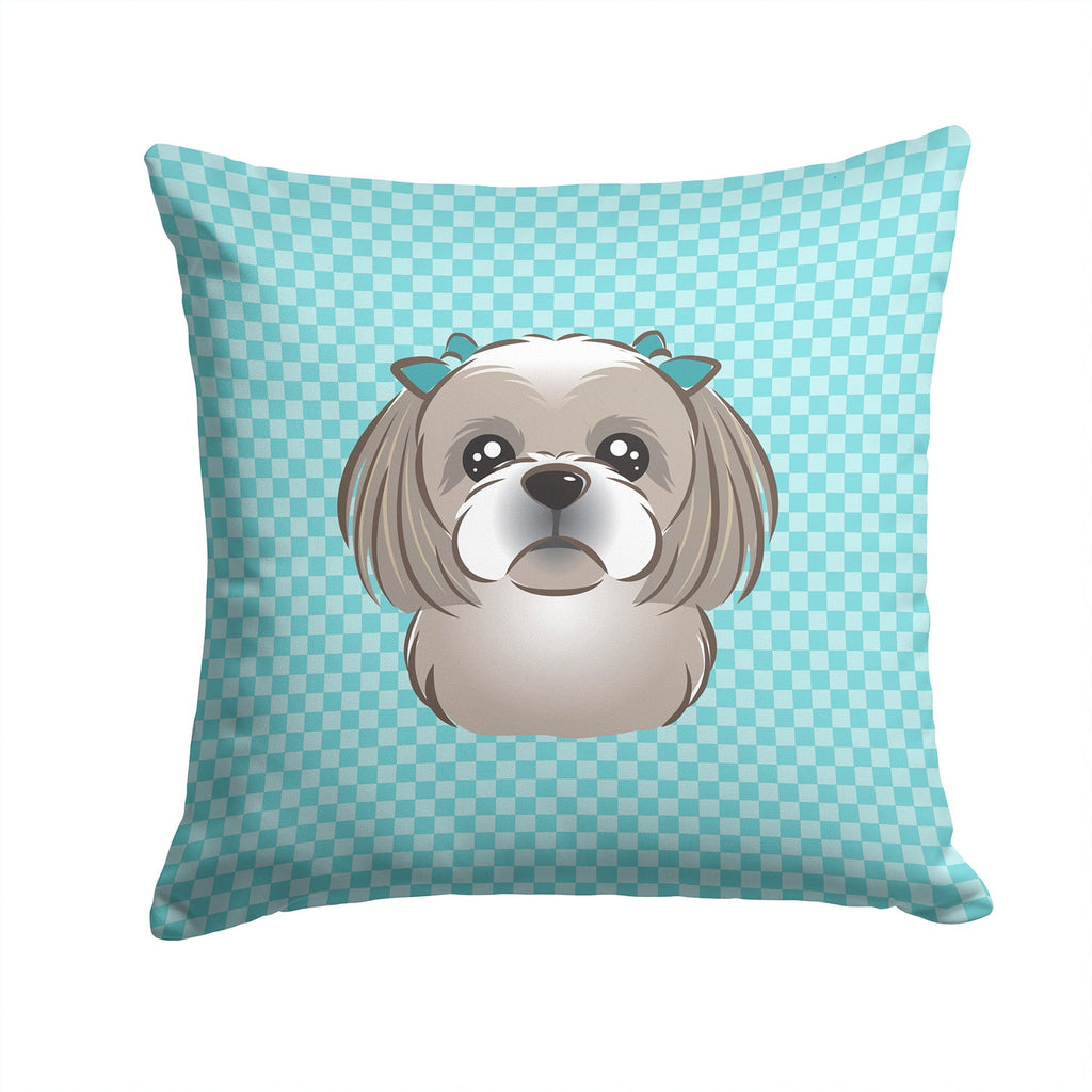 Checkerboard Blue Gray Silver Shih Tzu Decorative Throw Pillow 14x14 Indoor Outdoor Accent Cushion, Fabric Cover with Insert for Sofa, Bed, Porch & Living Room