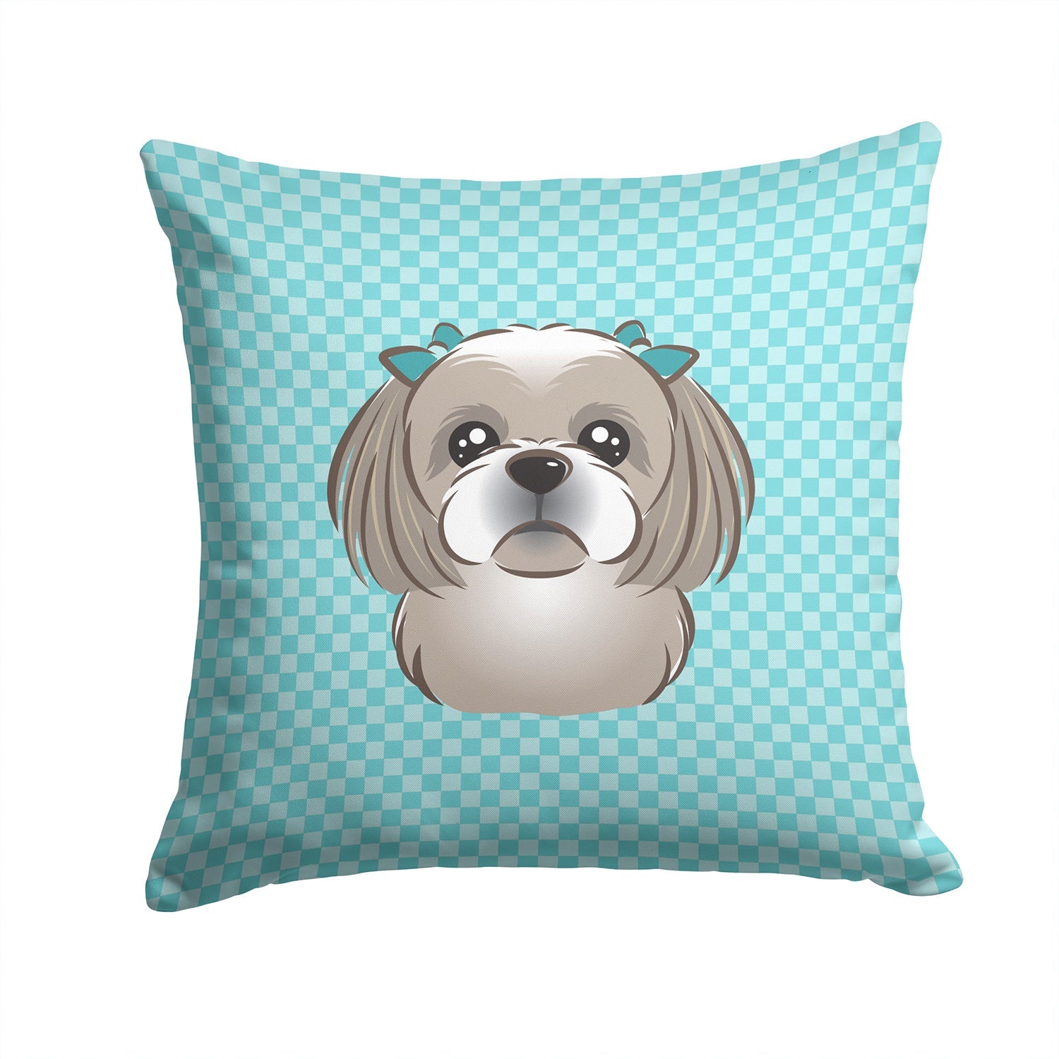 Checkerboard Blue Gray Silver Shih Tzu Decorative Throw Pillow 14x14 Indoor Outdoor Accent Cushion, Fabric Cover with Insert for Sofa, Bed, Porch & Living Room