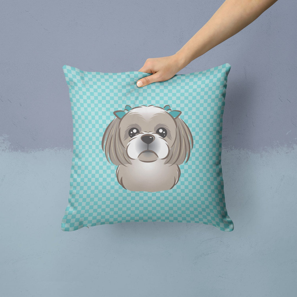 Checkerboard Blue Gray Silver Shih Tzu Decorative Throw Pillow 14x14 Indoor Outdoor Accent Cushion, Fabric Cover with Insert for Sofa, Bed, Porch & Living Room