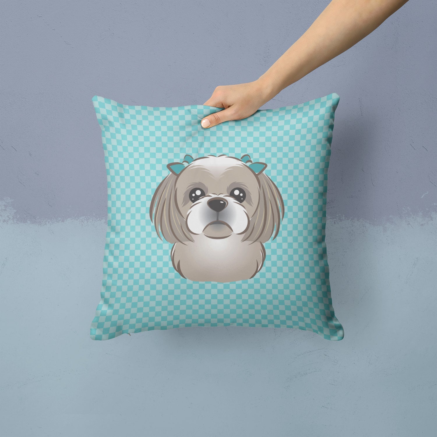 Checkerboard Blue Gray Silver Shih Tzu Decorative Throw Pillow 14x14 Indoor Outdoor Accent Cushion, Fabric Cover with Insert for Sofa, Bed, Porch & Living Room