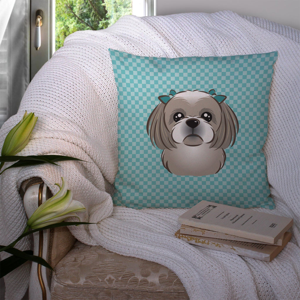 Checkerboard Blue Gray Silver Shih Tzu Decorative Throw Pillow 14x14 Indoor Outdoor Accent Cushion, Fabric Cover with Insert for Sofa, Bed, Porch & Living Room