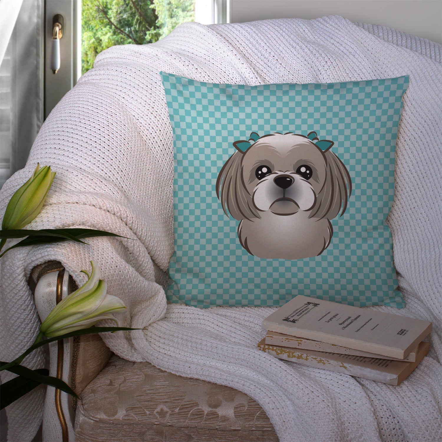 Checkerboard Blue Gray Silver Shih Tzu Decorative Throw Pillow 14x14 Indoor Outdoor Accent Cushion, Fabric Cover with Insert for Sofa, Bed, Porch & Living Room