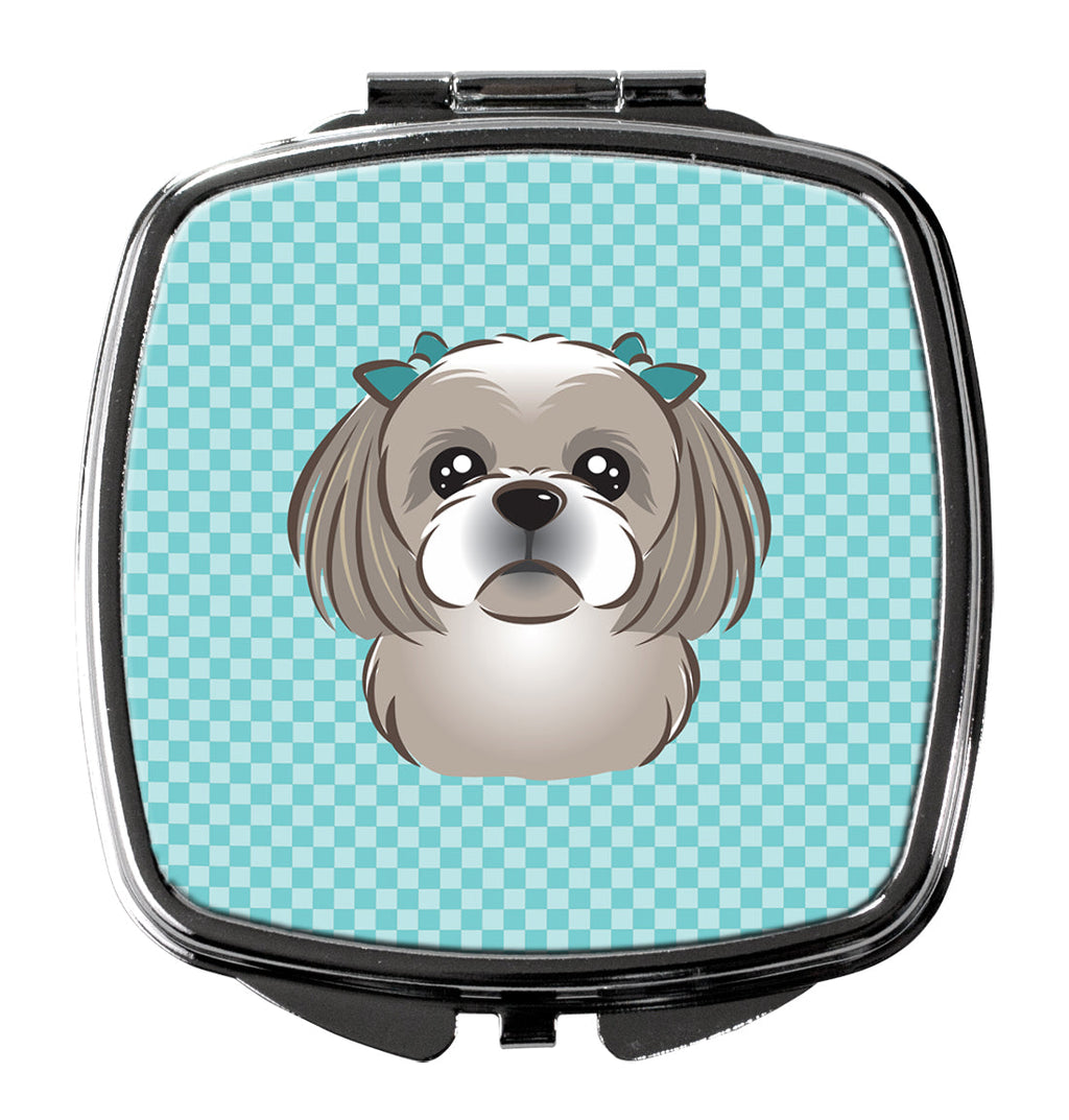 Checkerboard Blue Gray Silver Shih Tzu Compact Mirror Decorative Travel Makeup Mirror for Women Girls Gifts Pocket Makeup Mirror Folding Handheld