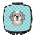 Checkerboard Blue Gray Silver Shih Tzu Compact Mirror Decorative Travel Makeup Mirror for Women Girls Gifts Pocket Makeup Mirror Folding Handheld