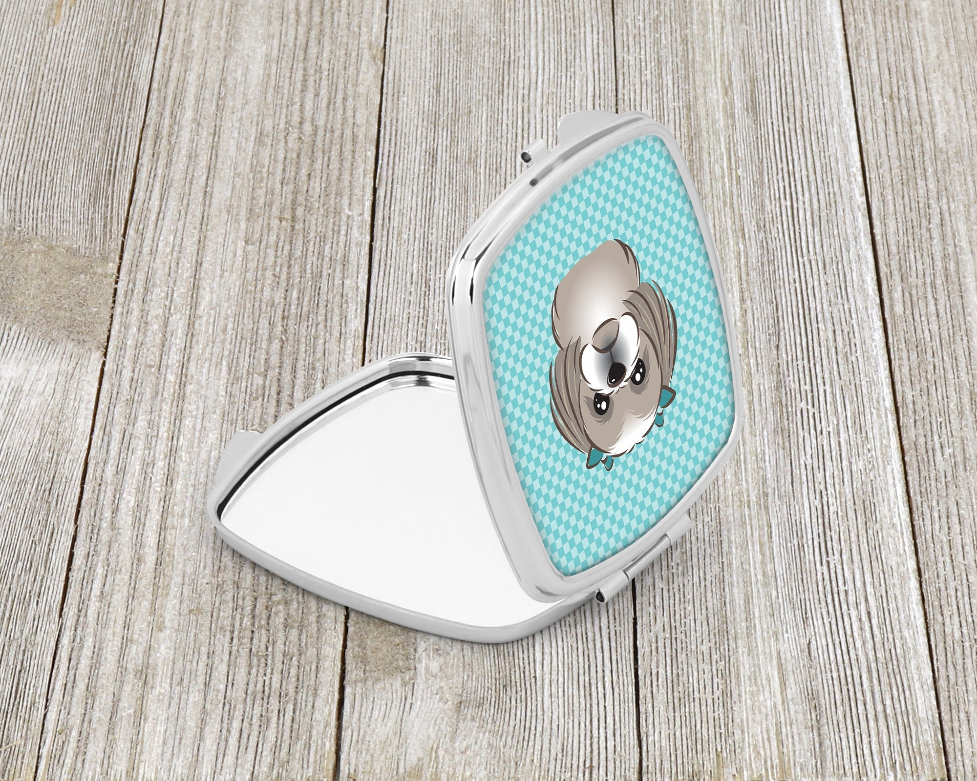 Checkerboard Blue Gray Silver Shih Tzu Compact Mirror Decorative Travel Makeup Mirror for Women Girls Gifts Pocket Makeup Mirror Folding Handheld