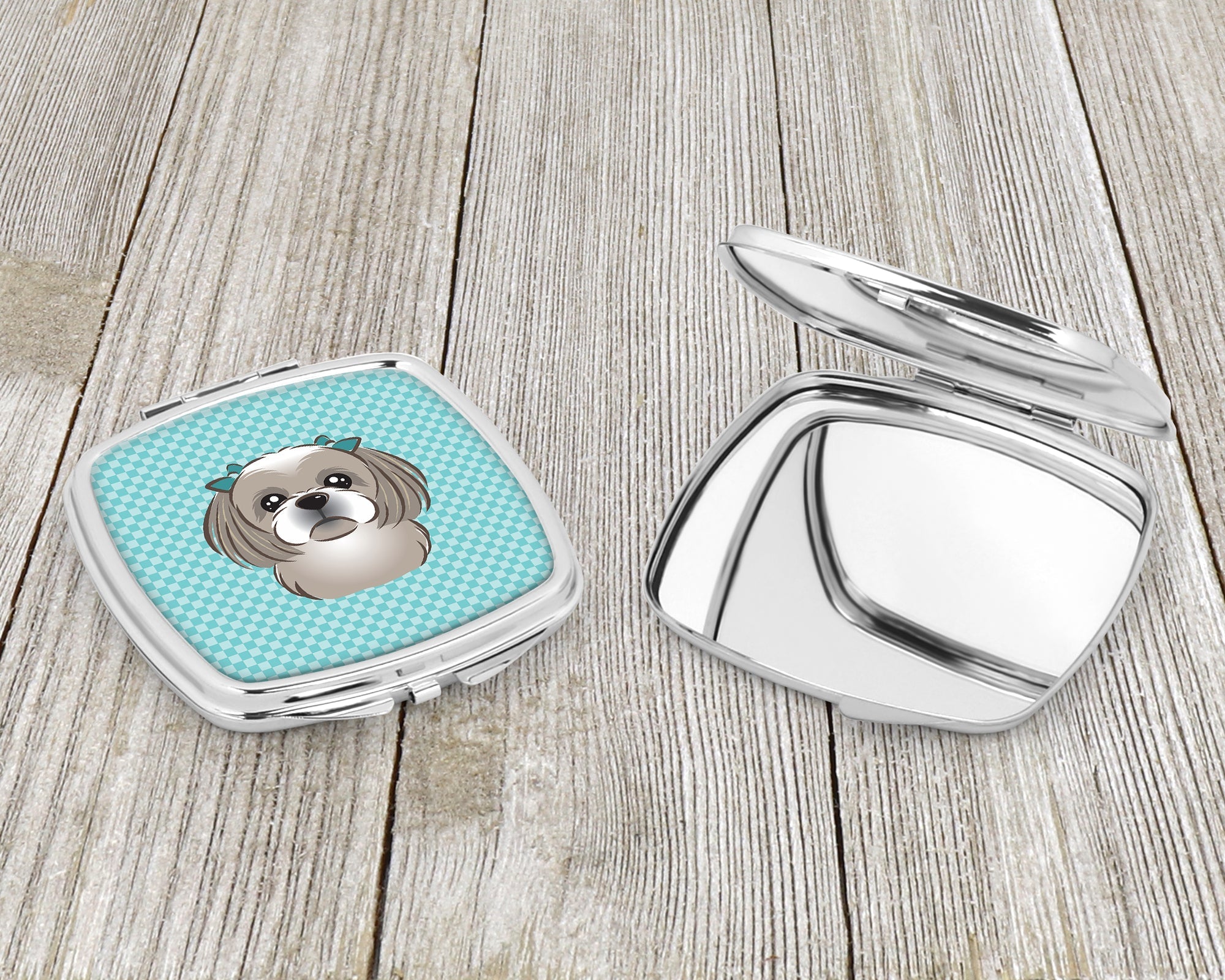 Checkerboard Blue Gray Silver Shih Tzu Compact Mirror Decorative Travel Makeup Mirror for Women Girls Gifts Pocket Makeup Mirror Folding Handheld