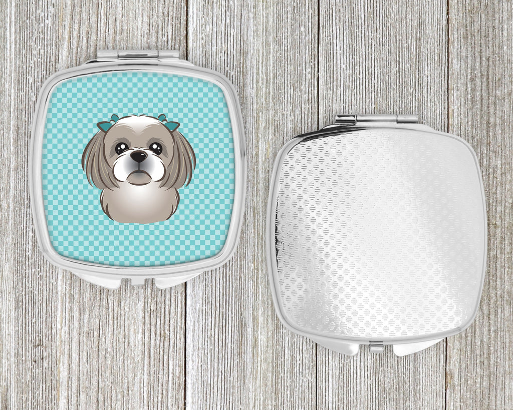 Checkerboard Blue Gray Silver Shih Tzu Compact Mirror Decorative Travel Makeup Mirror for Women Girls Gifts Pocket Makeup Mirror Folding Handheld