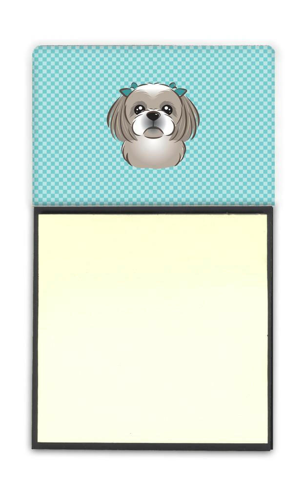 Checkerboard Blue Gray Silver Shih Tzu Watercolor Sticky Note Holder Refillable Dispenser Desk Accessory 3x3 Pad Gift
