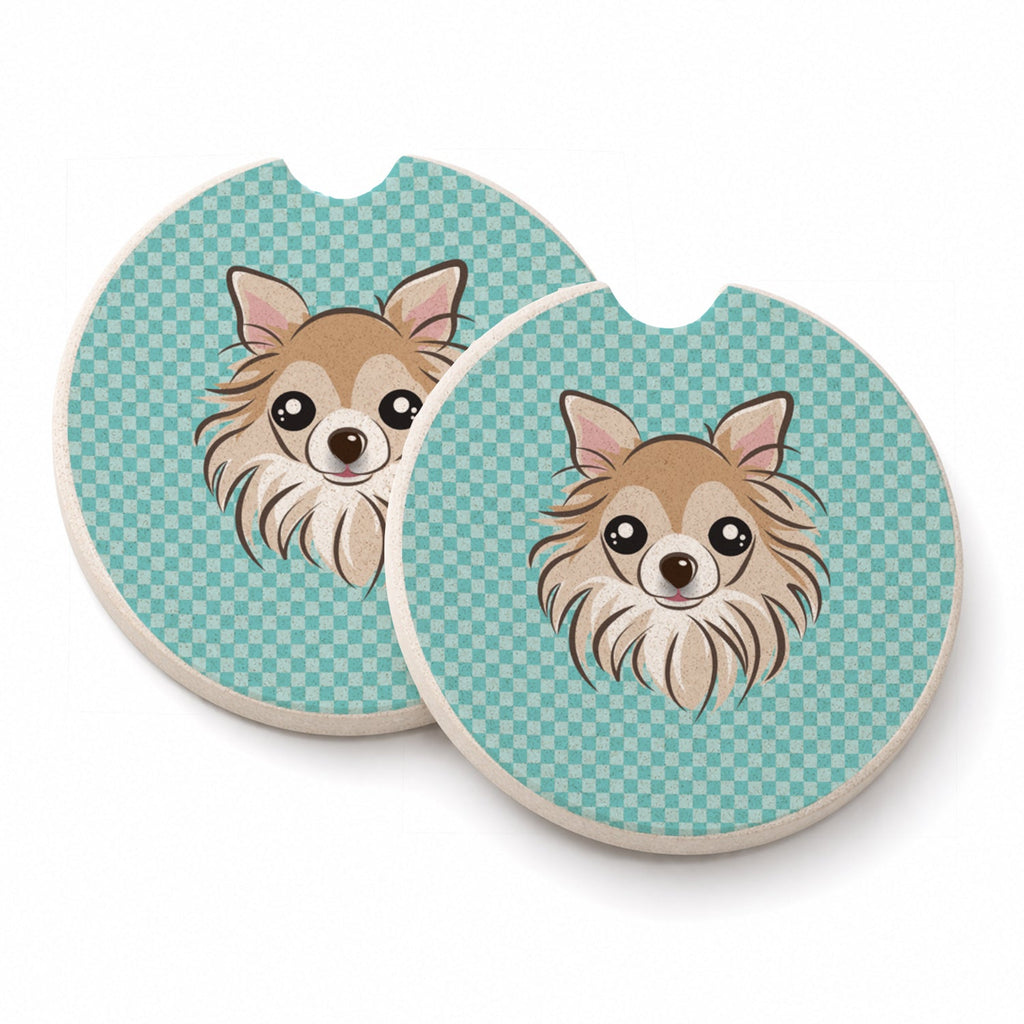 Checkerboard Blue Chihuahua Set of 2 Cup Holder Car Coasters Absorbent Round Sandstone Coasters Gifts for Men or Women, 2.5, Multicolor