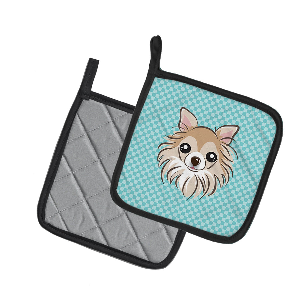 Checkerboard Blue Chihuahua Pot Holder Set of 2 Heat Resistant Quilted Hot Pads 7.5 x 7.5 Inch, Insulated Kitchen Trivets for Cooking & Baking