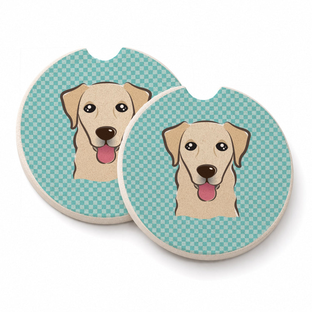 Checkerboard Blue Golden Retriever Set of 2 Cup Holder Car Coasters Absorbent Round Sandstone Coasters Gifts for Men or Women, 2.5, Multicolor