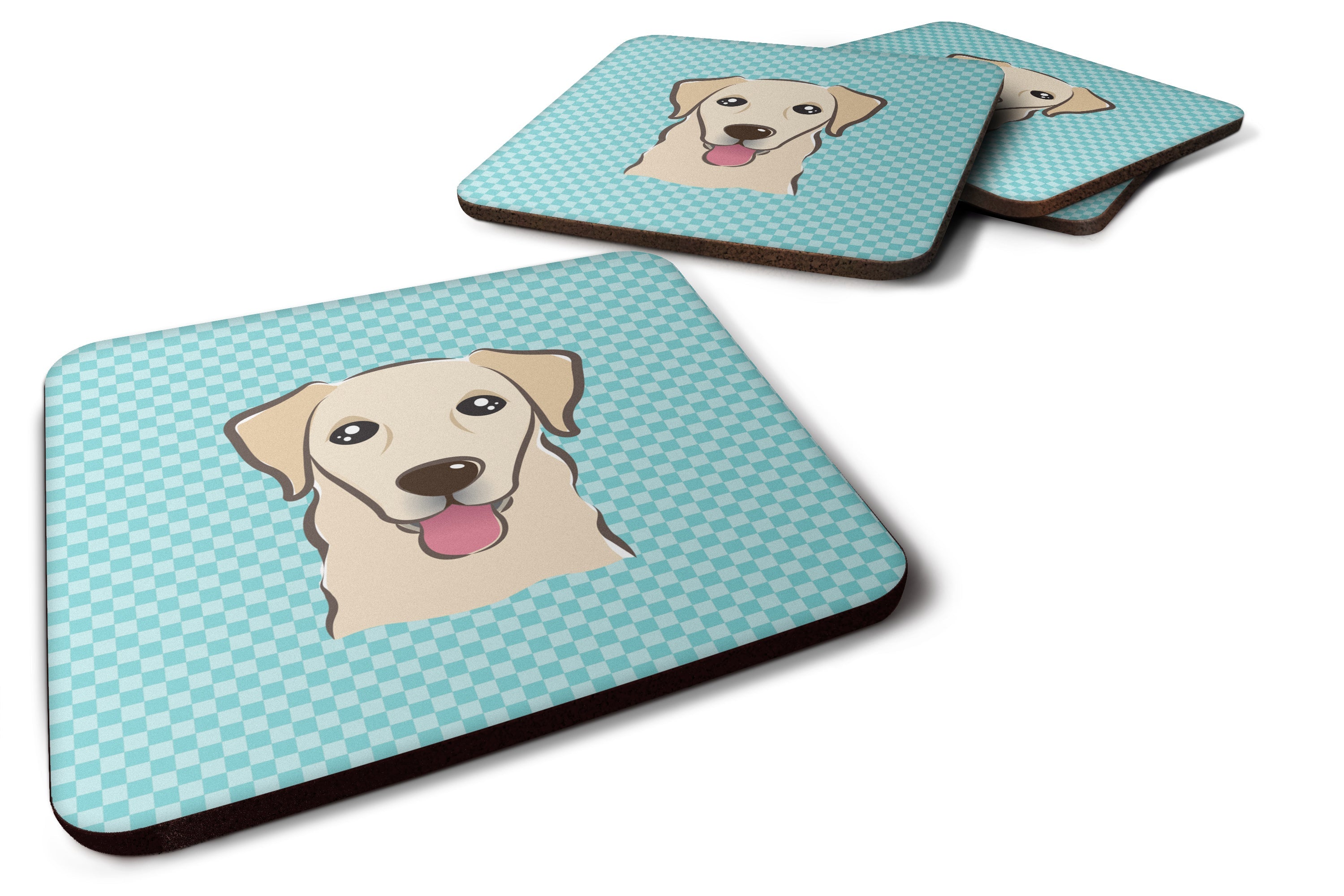 Checkerboard Blue Golden Retriever Foam Coasters Set of 4 Cup Coasters for Indoor Outdoor, Tabletop Protection, Anti Slip, Mouse pad Material
