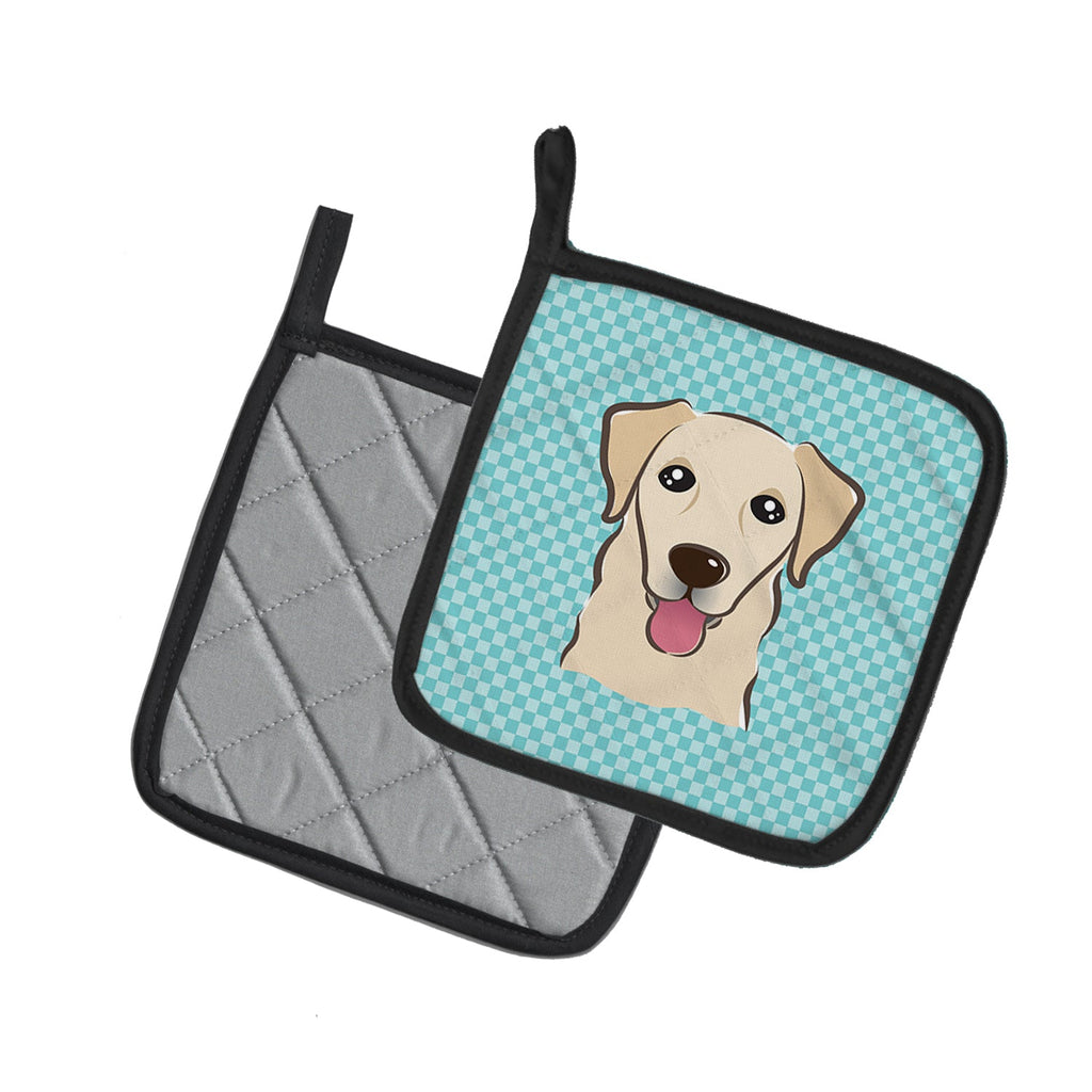 Checkerboard Blue Golden Retriever Pot Holder Set of 2 Heat Resistant Quilted Hot Pads 7.5 x 7.5 Inch, Insulated Kitchen Trivets for Cooking & Baking