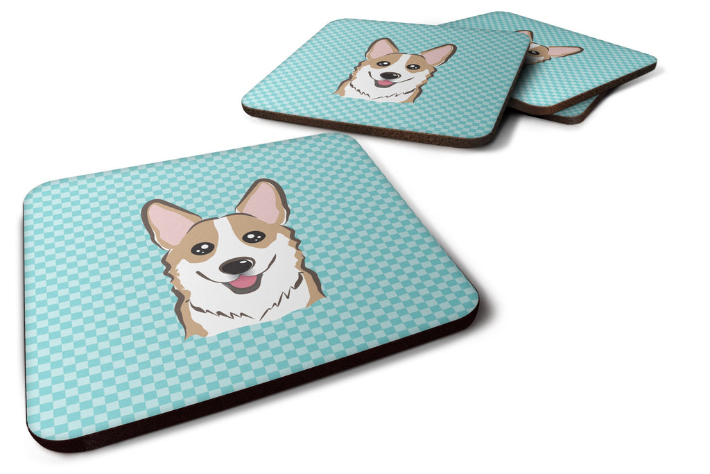 Checkerboard Blue Corgi Foam Coasters Set of 4 Cup Coasters for Indoor Outdoor, Tabletop Protection, Anti Slip, Mouse pad Material