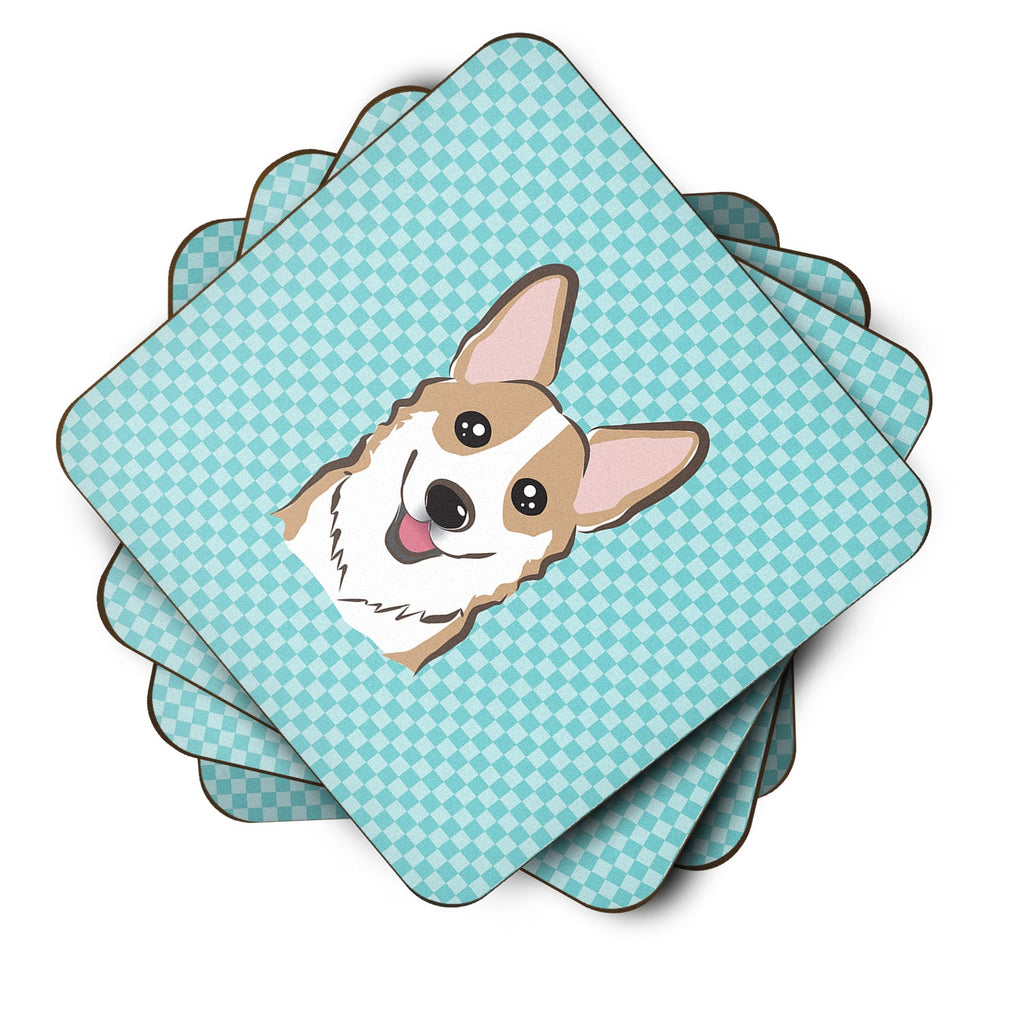 Checkerboard Blue Corgi Foam Coasters Set of 4 Cup Coasters for Indoor Outdoor, Tabletop Protection, Anti Slip, Mouse pad Material