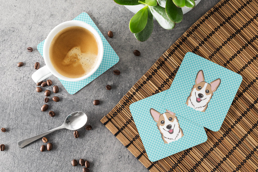 Checkerboard Blue Corgi Foam Coasters Set of 4 Cup Coasters for Indoor Outdoor, Tabletop Protection, Anti Slip, Mouse pad Material