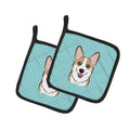 Checkerboard Blue Corgi Pot Holder Set of 2 Heat Resistant Quilted Hot Pads 7.5 x 7.5 Inch, Insulated Kitchen Trivets for Cooking & Baking