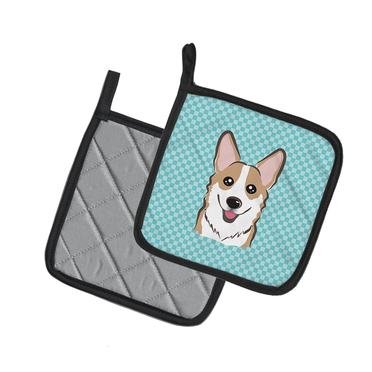 Checkerboard Blue Corgi Pot Holder Set of 2 Heat Resistant Quilted Hot Pads 7.5 x 7.5 Inch, Insulated Kitchen Trivets for Cooking & Baking