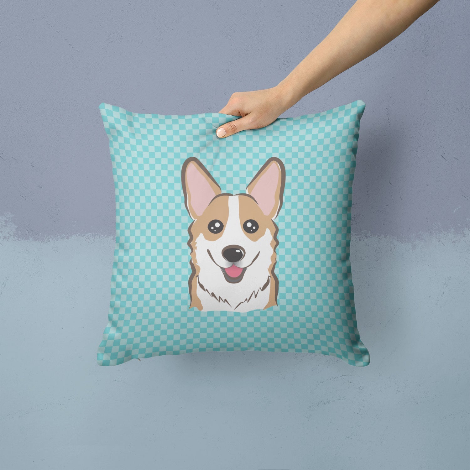 Checkerboard Blue Corgi Decorative Throw Pillow 14x14 Indoor Outdoor Accent Cushion, Fabric Cover with Insert for Sofa, Bed, Porch & Living Room