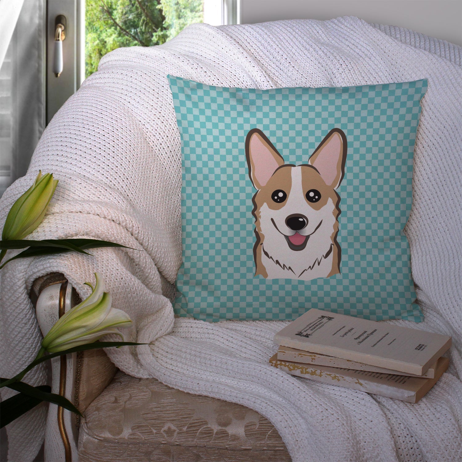 Checkerboard Blue Corgi Decorative Throw Pillow 14x14 Indoor Outdoor Accent Cushion, Fabric Cover with Insert for Sofa, Bed, Porch & Living Room