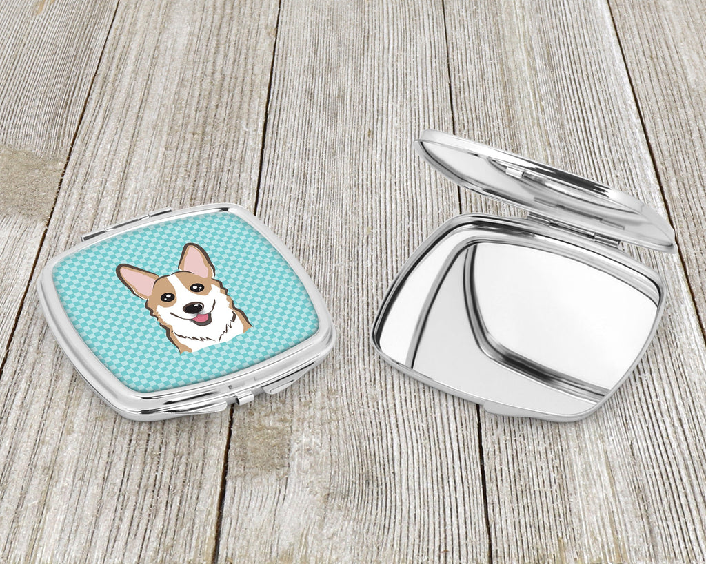 Checkerboard Blue Corgi Compact Mirror Decorative Travel Makeup Mirror for Women Girls Gifts Pocket Makeup Mirror Folding Handheld