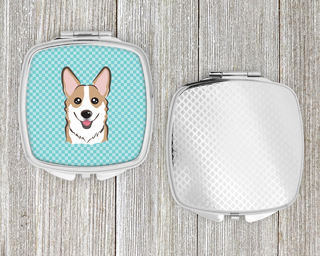 Checkerboard Blue Corgi Compact Mirror Decorative Travel Makeup Mirror for Women Girls Gifts Pocket Makeup Mirror Folding Handheld