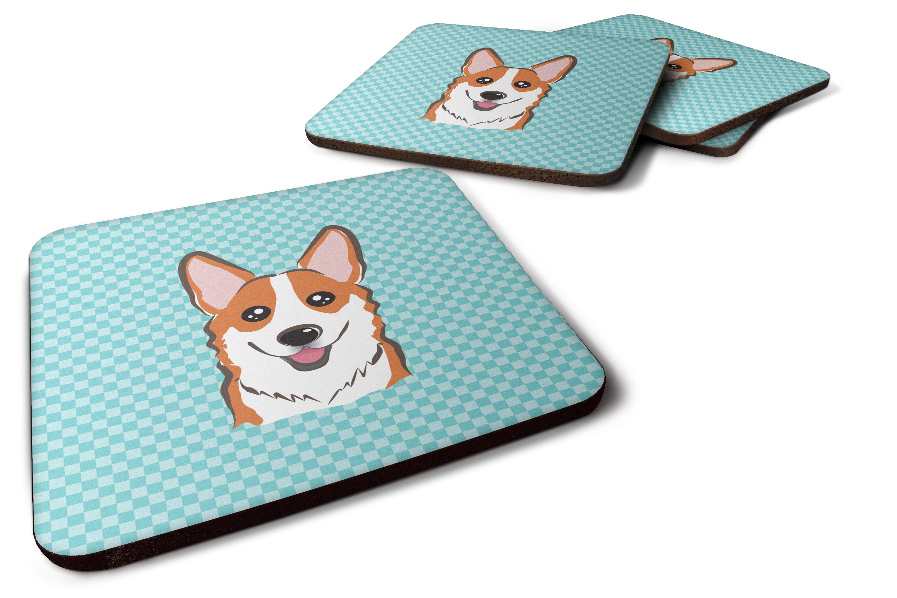 Checkerboard Blue Corgi Foam Coasters Set of 4 Cup Coasters for Indoor Outdoor, Tabletop Protection, Anti Slip, Mouse pad Material