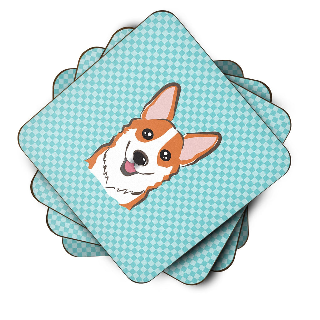 Checkerboard Blue Corgi Foam Coasters Set of 4 Cup Coasters for Indoor Outdoor, Tabletop Protection, Anti Slip, Mouse pad Material