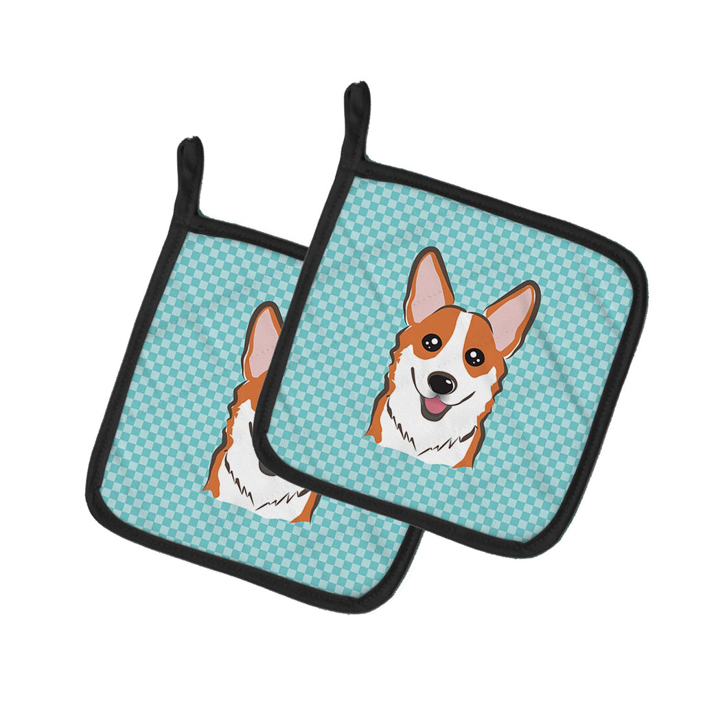 Checkerboard Blue Corgi Pot Holder Set of 2 Heat Resistant Quilted Hot Pads 7.5 x 7.5 Inch, Insulated Kitchen Trivets for Cooking & Baking