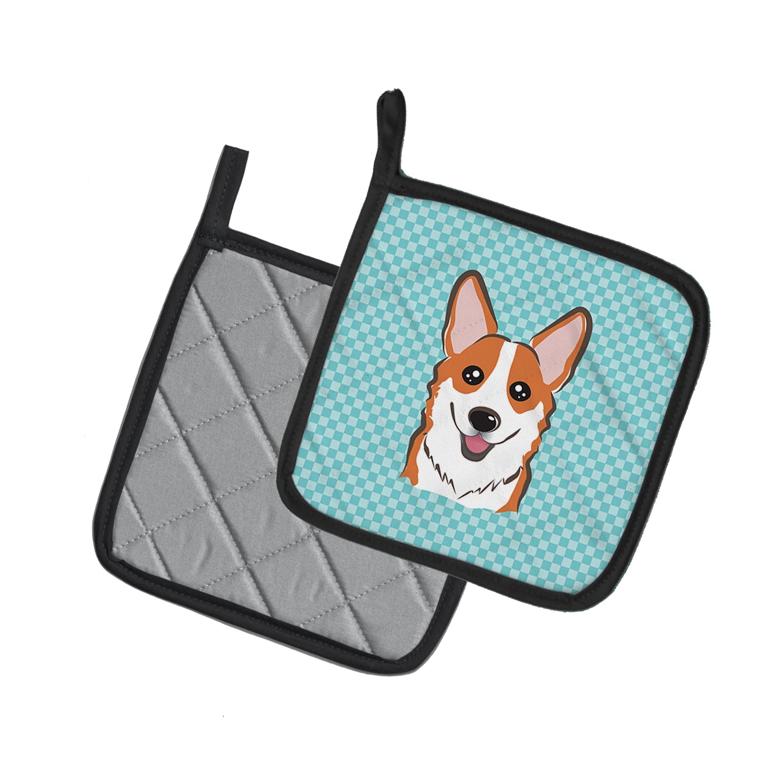 Checkerboard Blue Corgi Pot Holder Set of 2 Heat Resistant Quilted Hot Pads 7.5 x 7.5 Inch, Insulated Kitchen Trivets for Cooking & Baking